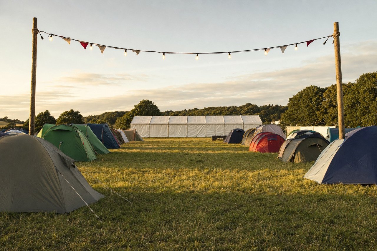 A row of tents at dusk on a UK festival campsite, with bunting and fairy lights strung between two poles